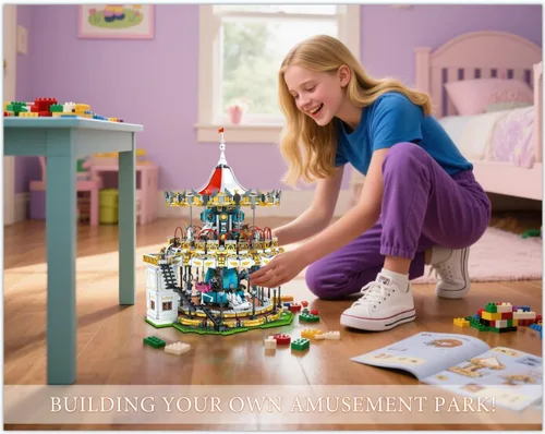 Vista 4 de Sosuy Juego de Construcción de Carrusel, Modelo de Tiovivo Motorizado Eléctrico, Juguete de Parque de Atracciones para Niños, Niñas y Adolescentes