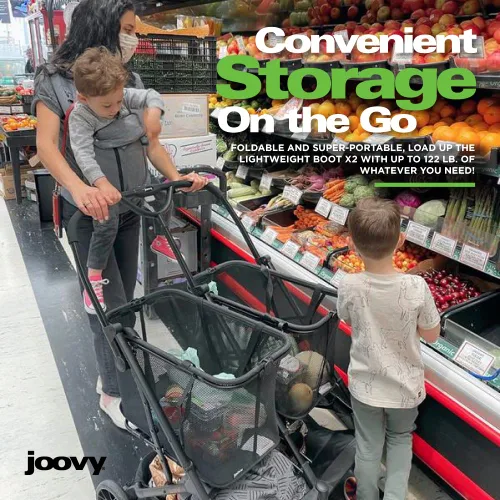 Vista 6 de Joovy Carrito de compras Boot X2 con capacidad de peso total de 122 libras, bolsas extraíbles dobles, neumáticos giratorios para una fácil