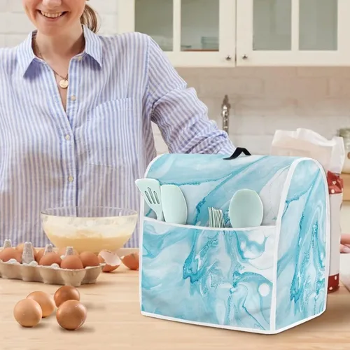 Vista 4 de Funda para batidora de soporte con estampado de mármol azul, compatible con mezclador de cocina de 4.5 a 5 cuartos de galón, fundas lavables a azul