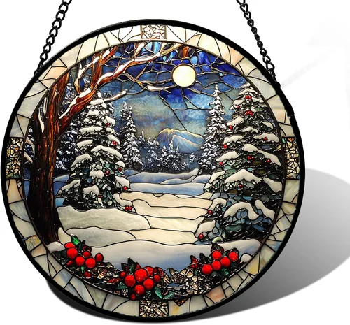 Vista 21 de DASTOLL Conjunto de 4 Piezas de Vidriera Manchada para Colgar en Ventanas Azul Océano con Árbol de Coco 16 cm - Atrapasoles para Puerta, Jardín