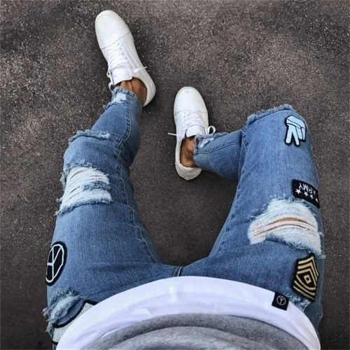 Vista 3 de Pantalones de mezclilla ajustados para hombre, ajustados, rasgados, ajustados, desgastados, con agujeros rasgados