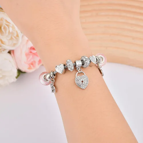 Vista 2 de Pulsera con dijes para mujer, regalos de Navidad, con cuentas de cristal y forma de corazón, plata de circonita cúbica, cadena de serpiente, pulsera