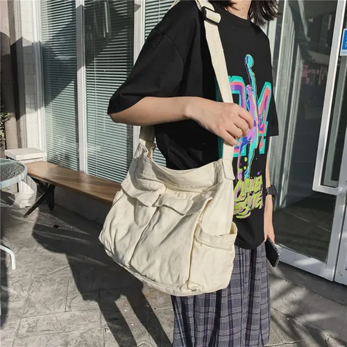 Vista 8 de Bolso mensajero de lona grande, bolso cruzado tipo hobo para mujeres y hombres, bolsa de hombro con múltiples bolsillos, bolsa de mensajero de lona