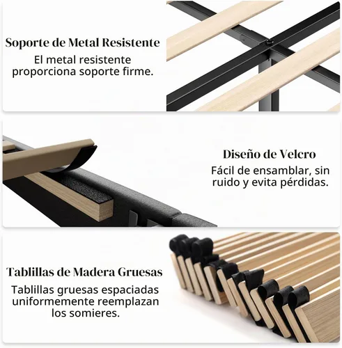 Vista 7 de HAOARA Marco de Cama con Plataforma Tapizada de Tamaño Completo, Cabecera Ajustable de Cuero PU, No Necesita Somier, Soporte de Listones de Madera