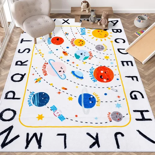Vista 10 de ABC Space - Alfombra para niños, 3 pies 3 pulgadas x 4 pies 11 pulgadas, antideslizante, alfabeto, alfombra lavable, alfombra de felpa suave