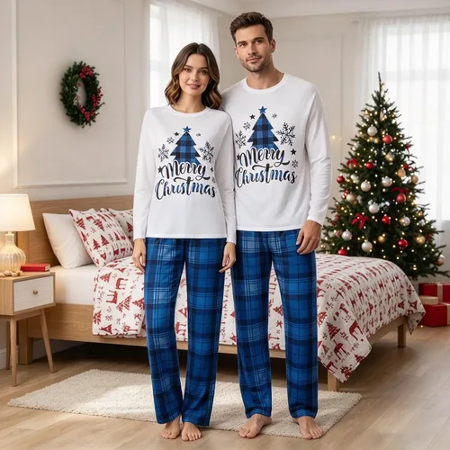 Vista 5 de Awoscut - Conjunto de pijamas navideños a juego, con estampado en la parte superior y pantalones a cuadros #B-7