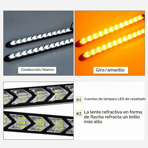 Vista 5 de SOCAL-LED LIGHTING Tiras LED DRL de Flecha con Función de Giro 10" (25cm) 12V, Luces de Giro Intermitentes Secuenciales de Doble Color Ámbar Blanco