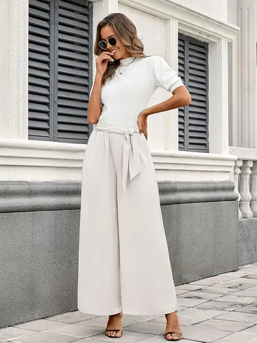 Vista 6 de QIANXIZHAN Pantalones de pierna ancha para mujer, pantalones palazzo de cintura alta, para verano, holgados, casuales, para descansar, trabajar