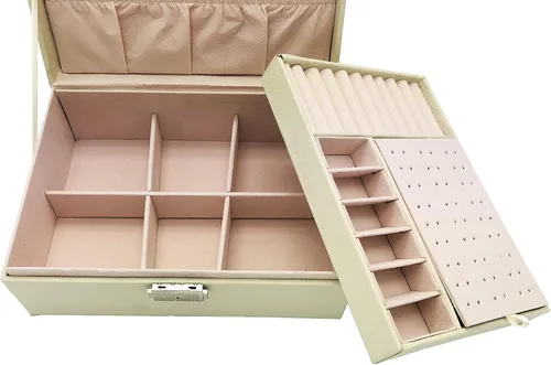 Vista 3 de PACEKONER Joyero organizador, caja de almacenamiento de joyería de 2 capas con cerradura y llave, estuche de joyería para mujeres y niñas (blanco)