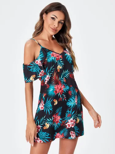 Vista 4 de Floerns Vestido bohemio de manga corta con hombros descubiertos y estampado tropical para mujer
