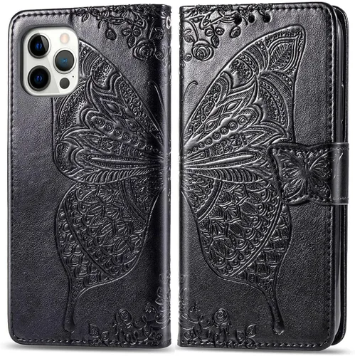 Vista 2 de Funda tipo cartera para iPhone 12 Pro/iPhone 12 para mujer, color Butterfly Emboss Flip Folio Cuero PU, soporte, ranuras para tarjetero, correa
