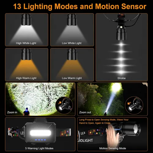 Vista 5 de SKYFIRE Linterna frontal recargable de 3000 lúmenes, faros LED más brillantes para adultos con batería de 7500 mAh, sensor de movimiento impermeable