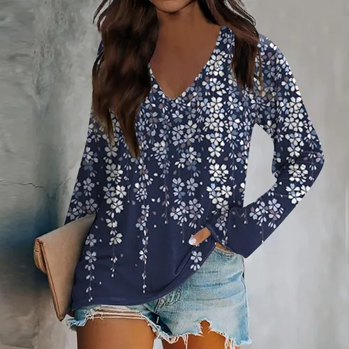 Vista 3 de Blusas de manga larga para mujer, blusas estampadas, blusas de moda para descansar, blusas casuales tipo túnica de ajuste holgado con cuello en V