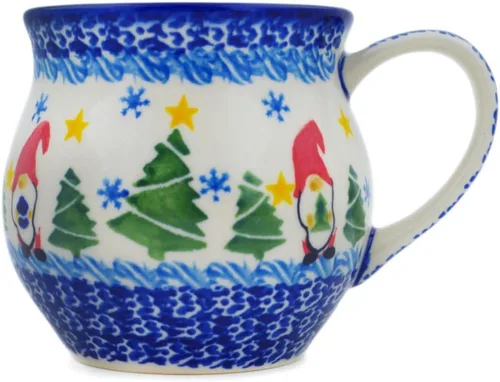 Vista 24 de Auténtica taza de burbujas de cerámica polaca de 13 onzas en diseño amarillo hecho a mano en Bolesławiec Polonia por Ceramika Bona + certificado