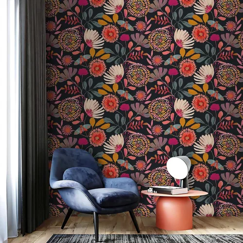Vista 2 de Papel tapiz floral para despegar y pegar, extraíble, impermeable, azul marino/rosa/naranja, papel de contacto para dormitorio, baño, pared