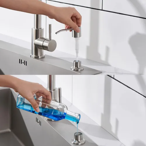 Vista 4 de Dispensador de jabón para fregadero de níquel cepillado, dispensador de jabón para fregadero de cocina de acero inoxidable con recarga desde arriba