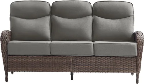 Vista 7 de Sofá de lujo para patio, sofá de mimbre para exteriores con cojines sonrientes de 6 pulgadas, respaldo alto, resistente, cómodo, mimbre marrón