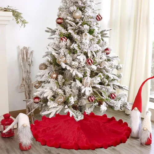 Vista 30 de ORTIGIA Falda blanca para árbol de Navidad de 48 pulgadas con POM POM, falda de árbol de Navidad de felpa suave de piel sintética blanca para árbol