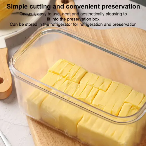 Vista 7 de Caja cortadora de mantequilla, plato de mantequilla de plástico con tapa, cortador de mantequilla de acero inoxidable, recipiente rectangular