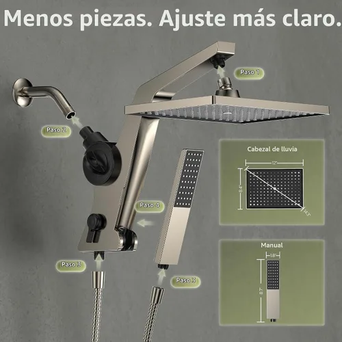 Vista 9 de JDO Cabezal de ducha de lluvia filtrado de 12 pulgadas con spray de mano Níquel cepillado