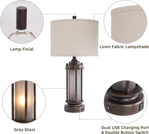 Vista 5 de Lámpara de mesa de granja de 25 pulgadas con 2 puertos de carga USB, lámpara de mesita de noche rústica vintage con luz nocturna de vidrio