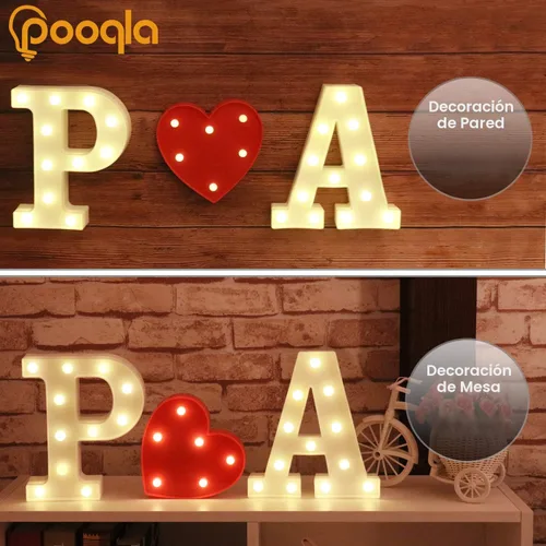 Vista 5 de Pooqla - Anuncio de letras del alfabeto con luces LED para decoración de bodas, cumpleaños, fiestas, Navidad, hogar, bar