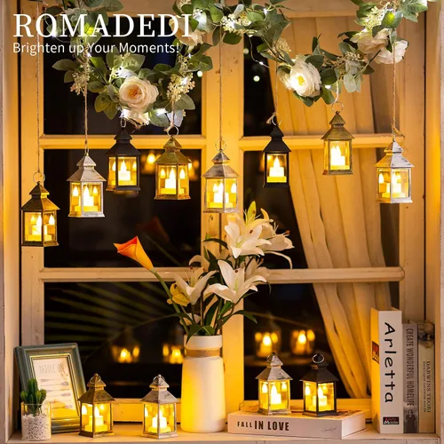 Vista 3 de Romadedi Mini Linternas Decorativas para Centro de Mesa - 10 Piezas de Linternas Pequeñas Negras Colgantes a Granel con Velas LED Parpadeantes