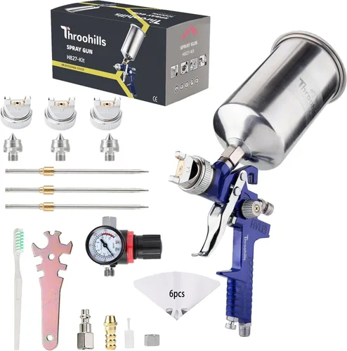 Vista 7 de HVLP - Pistola pulverizadora de pintura automotriz, pulverizador de pintura de aire de 0.05/0.06 pulgadas con regulador de aire, 6 coladores