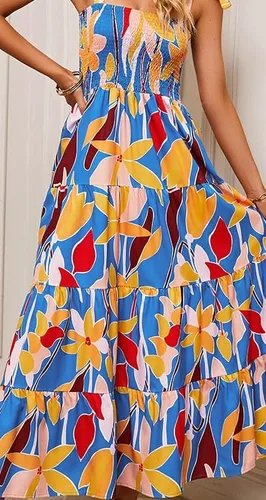 Vista 5 de Vestido largo de verano para mujer, estilo bohemio, con tirantes delgados, cuello cuadrado, con volantes, casual, para playa, fiesta
