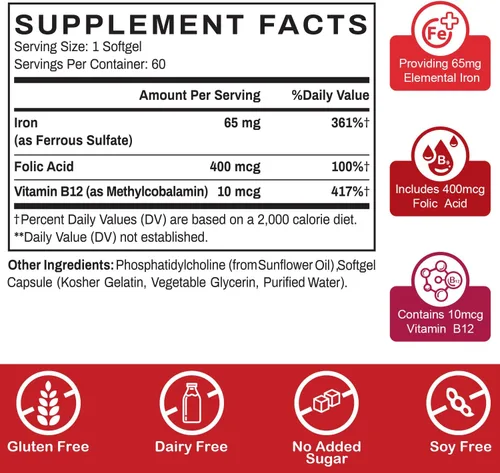 Vista 2 de Suplemento liposomal de hierro Fe para mujeres, suplemento de hierro de 65 mg con ácido fólico y vitamina B12 para hombres, apoyo diario de sangre