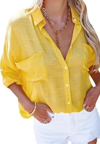 Vista 4 de MAYRAIN Camisa de manga larga con botones y cuello de solapa para mujer, camisa casual de verano con bolsillos
