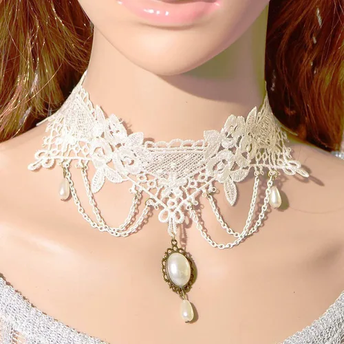 Vista 6 de YienDoo Gargantilla de encaje vintage con patrón de encaje gótico blanco, collar punk con borla y cuentas de perlas, gargantilla de princesa