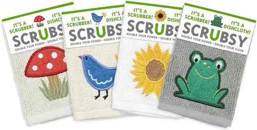 Vista 13 de MÜkitchen SCRUBSY 100% Cotton Kitchen Dish Cloth with Built in Scrubber Kit Various Designs and Super Absorbent Set of 4 (Avian)