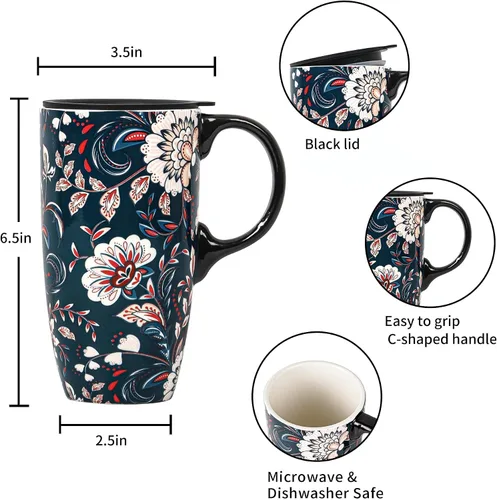 Vista 5 de Topadorn Taza de Café de Cerámica de Porcelana Latte Taza de Té con Tapa y Caja de Regalo 17oz, Flor Azul