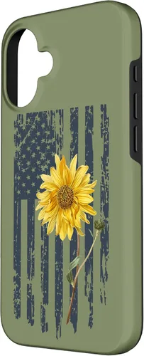 Vista 2 de iPhone 16 Yellow Sunflower Patriotic US American Flag Women Sage Green Case