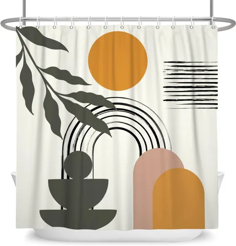 Vista 11 de Cortina de ducha moderna y bohemia, cortinas de ducha minimalistas estéticas azules de mediados de siglo para baño, cortinas de baño impermeables
