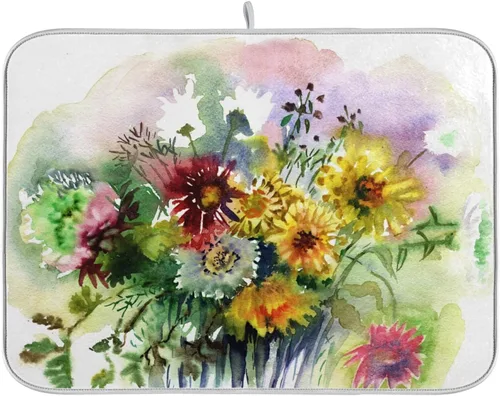 Vista 10 de Tapete de secado de platos de flores de fondo negro para encimera de cocina de 18 x 24 pulgadas, tapete de microfibra absorbente, tapete de secado