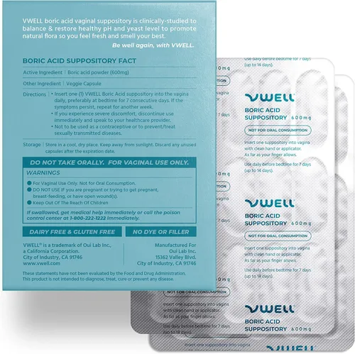 Vista 7 de Supositorios vaginales de ácido bórico VWELL - Mantiene y equilibra el pH vaginal saludable y el microbioma para manejar el olor, picazón, ardor e