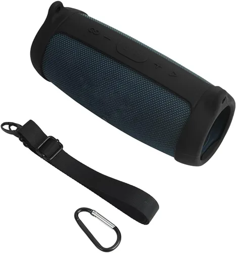 Vista 2 de Funda de silicona para altavoz Bluetooth J.BL Charge 5, funda protectora de viaje portátil con correa para el hombro y mosquetón (negro)