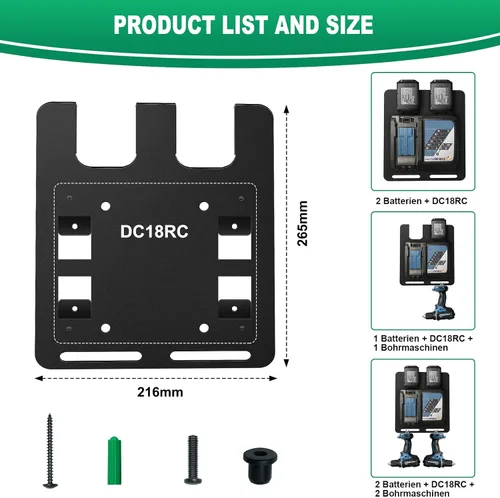 Vista 2 de Soporte de pared para baterías y cargadores Makita, para cargador DC18RC, para batería Makita de 18 V 14.4 V, soporte estable de 2
