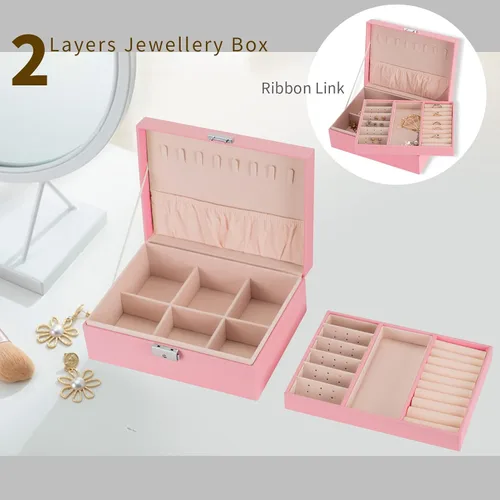 Vista 2 de Smileshe Joyero para mujeres y niñas, organizador de piel sintética con cerradura, 2 capas extraíbles de almacenamiento de viaje para anillos