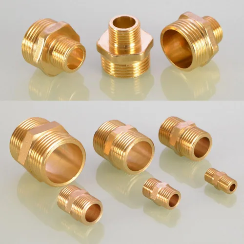 Vista 4 de Tetinas hexagonales de latón, adaptador de montaje de tubería de latón macizo pesado, NPT macho a macho adaptador reductor de latón conector