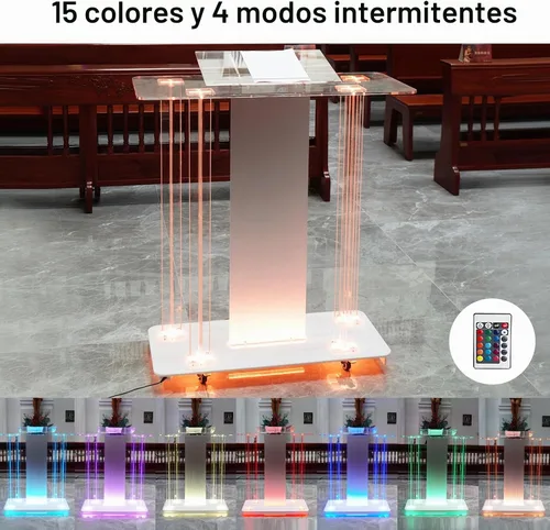 Vista 2 de Púlpito de iglesia con cubierta y luces LED, púlpitos acrílicos de 46 pulgadas para iglesias, soporte de podio transparente con ruedas y plataforma