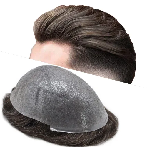 Vista 14 de Toupee para hombres piel fina 0.001 in Toupee V-looped Remy sistema de cabello humano pu mens hairpieces línea capilar invisible para pérdida