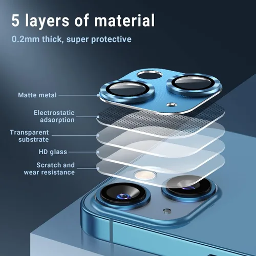 Vista 5 de Korecase [Paquete de 2] Diseñado para iPhone 13 / iPhone 13 Mini protector de lente de cámara de vidrio templado, cubierta de metal de aluminio