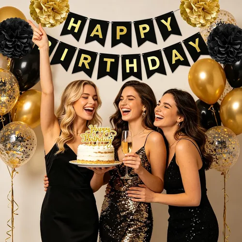 Vista 3 de Adornos de cumpleaños para hombres y mujeres, adornos de fiesta negros y dorados, cartel de feliz cumpleaños con globos negros y dorados, mantel