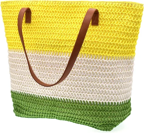 Vista 29 de Bolso grande de paja para mujer, tejido de ratán, bolso de playa de verano, a rayas
