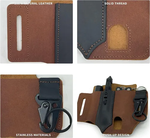 Vista 4 de Funda multiherramienta de cuero auténtico EDC para cinturón, bolsa organizadora de bolsillo EDC, hecha a mano con 3 bolsillos para linternas