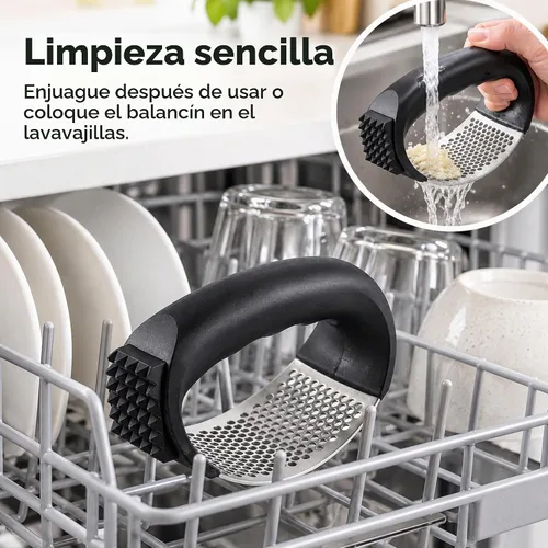 Vista 6 de Rocker Prensa de ajo, acero inoxidable 304, pelador y cepillo, negro
