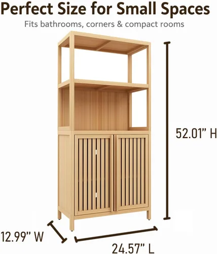 Vista 2 de Gabinete de almacenamiento de baño de bambú de 52 pulgadas de alto Natural